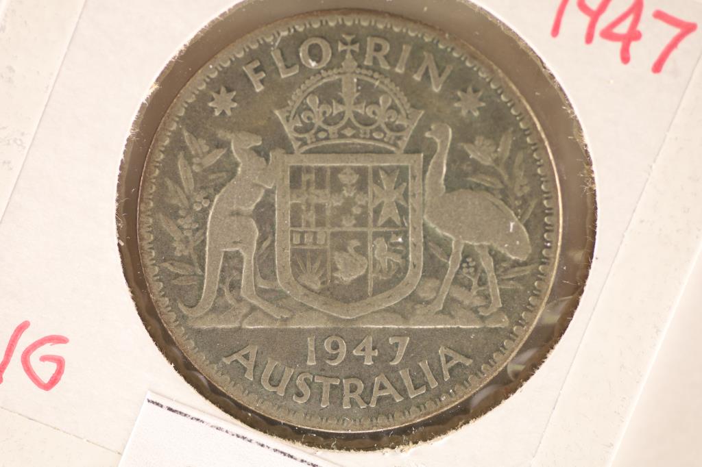 1947 AUSTRALIA SILVER 1 FLORIN .1818 OZ. ASW: WATCH FOR OUR NEXT AUCTION ON MONDAY JULY 25TH, 2022 AT 7 PM EDT