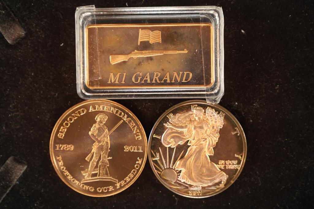 3-1 OZ. .999 FINE COPPER: 2011 ROUND LOOKS LIKE: AN AMERICAN SILVER EAGLE, 2011 ROUND 2ND AMENDMENT AND INGOT M1 GARAND ALL BRILLIANT UNC