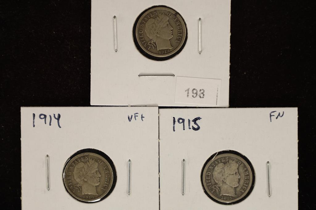 BARBER DIMES 1913 VF, 1914 VF & 1915 FINE (1 of 2)