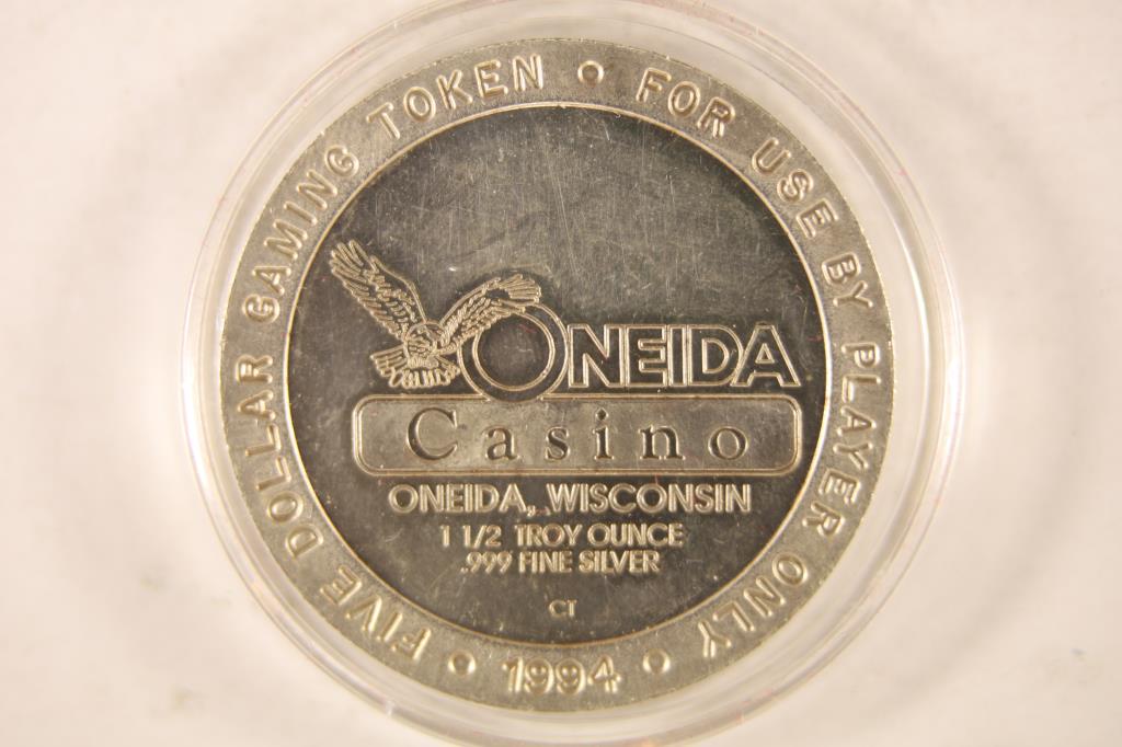 1 1/2 TROY OZ. .999 FINE SILVER $5 ONEIDA CASINO (1 of 2)