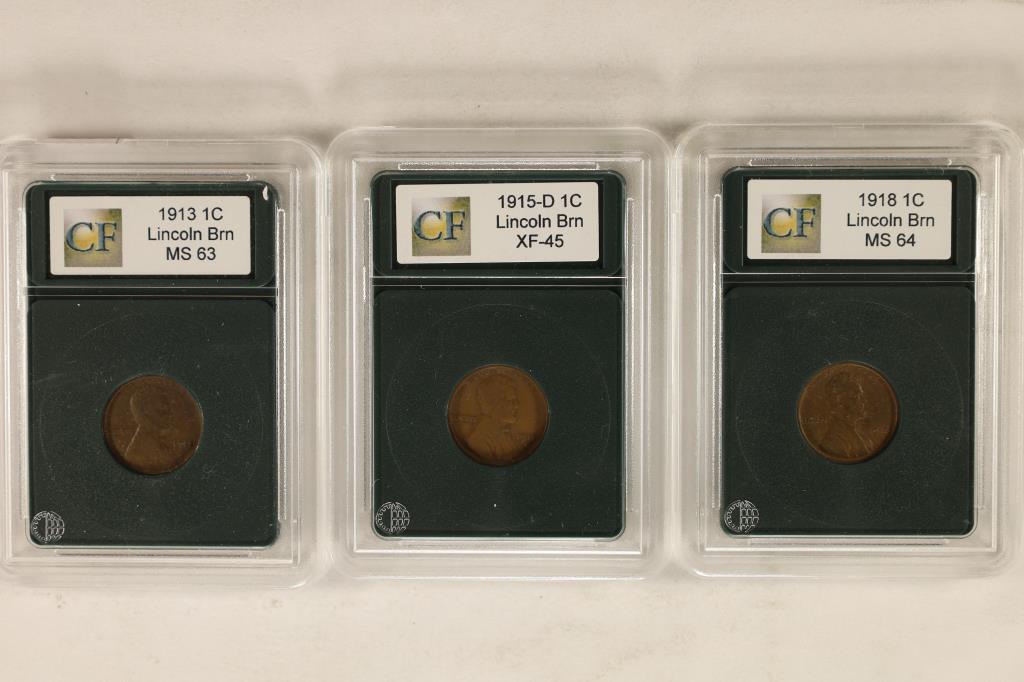 LINCOLN WHEAT CENTS: 1913 MS63, 1915-D XF45 AND (1 of 2)