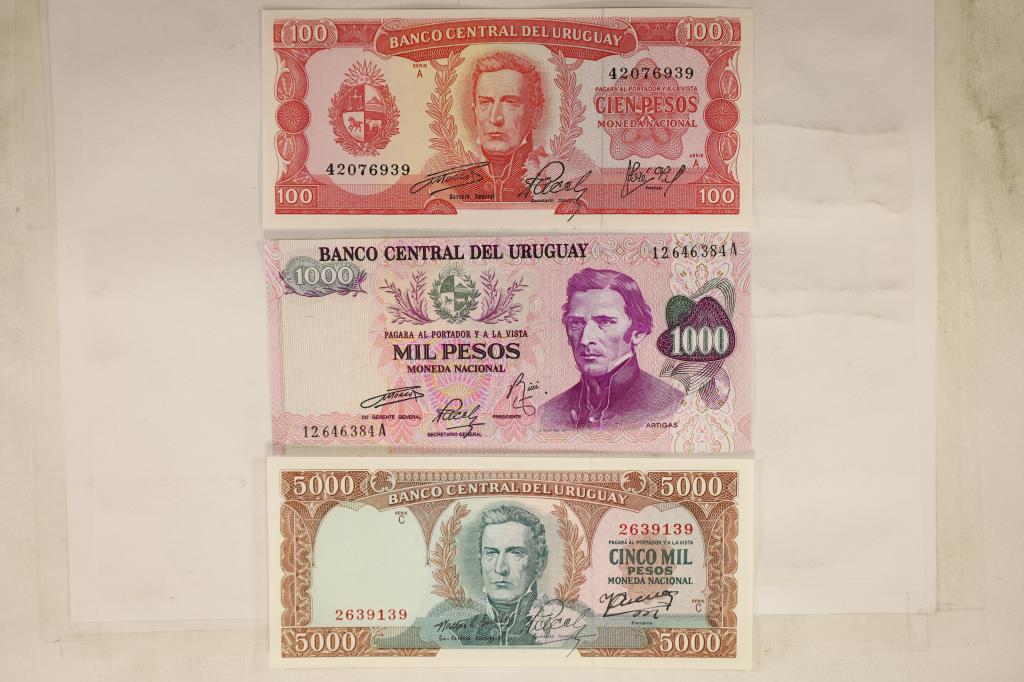 3 BANK OF CENTRAL URUGUAY BILLS: 100 PESOS, 1000 (1 of 2)