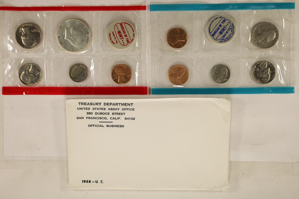 1968 US MINT SET (UNC) P/D/S (WITH ENVELOPE): 40% SILVER JOHN F. KENNEDY HALF DOLLAR, THIS IS AN OFFICIAL US PACKAGED P/D/S SET, IT DOES NOT CONTAIN A SEPARATE PACK OF "S" ONLY COINS