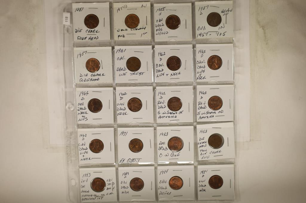 20 ASSORTED MINOR ERRORS ON LINCOLN CENTS 1951- (1 of 2)
