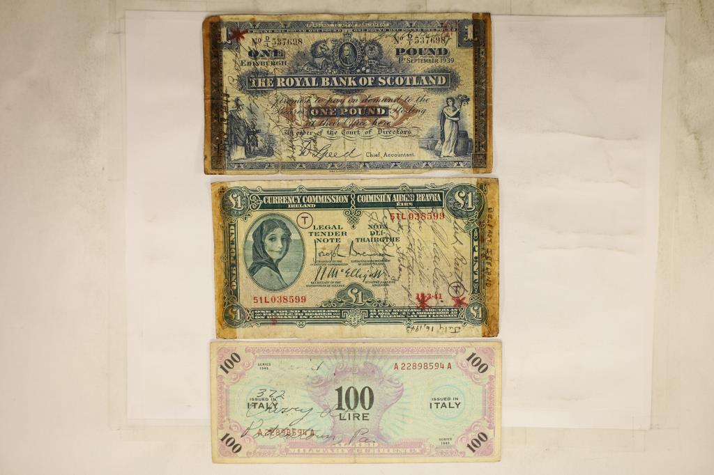 3 SHORT SNORTER BILLS WITH SIGNATURES: 1943 ITALY: 100 LIRE, 1943 IRELAND 1 POUND & 1939 SCOTLAND 1 POUND