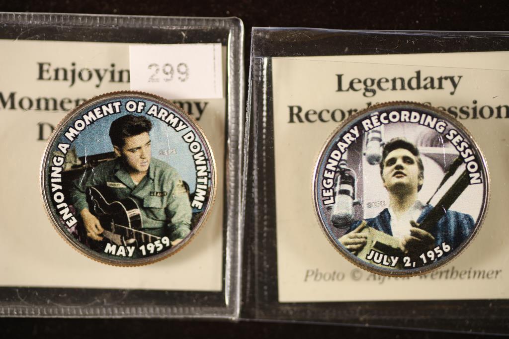 2-COLORIZED ELVIS PRESLEY KENNEDY HALF DOLLARS: BOTH BRILLIANT UNC, "ENJOYING A MOMENT OF ARMY DOWNTIME" AND "LEGENDARY RECORDING SESSION"