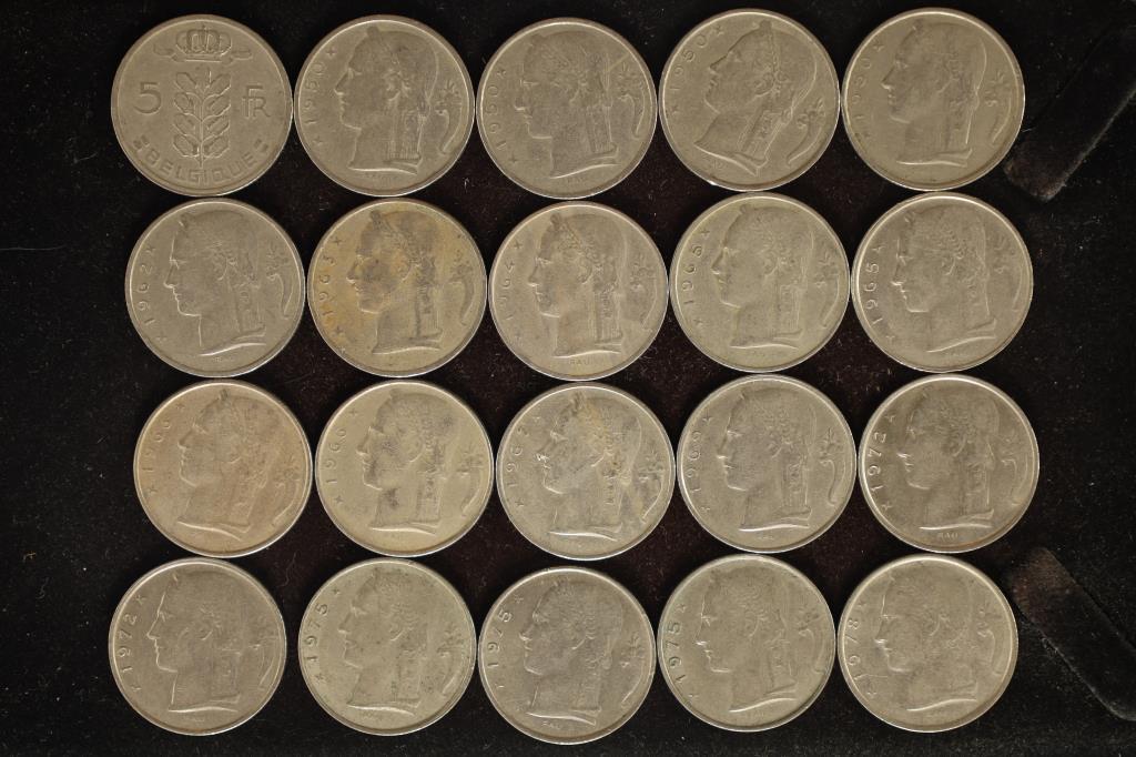 20-ASSORTED BELGUIM 5 FRANC COINS: DATES RANGE (1 of 2)
