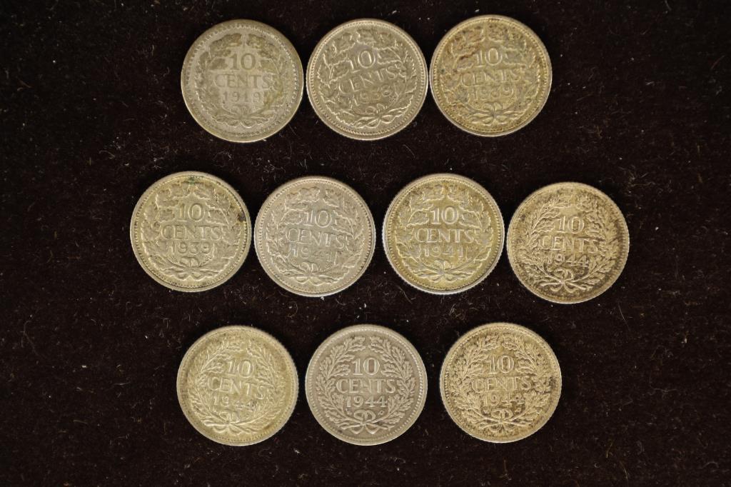 10 NETHERLANDS "WILHELMINA" SILVER 10 CENT COINS: (1 of 2)
