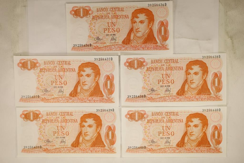 CIRCA 1970'S 5 BANK OF ARGENTINA 1 PESO CRISP UNC (1 of 2)