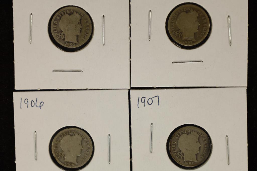 1901-O, 1903, 1906 & 1907 SILVER BARBER DIMES: WATCH FOR OUR NEXT AUCTION ON MON. AUG. 15TH, 2022 AT 7 PM EDT