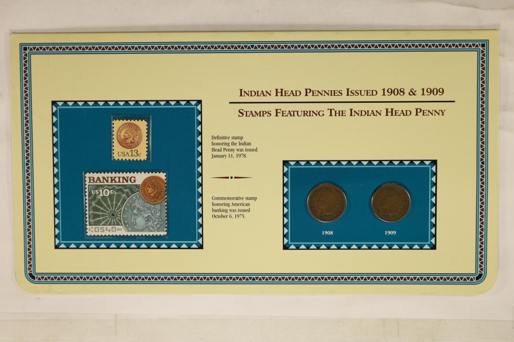 INDIAN HEAD PENNY & STAMP SET FEATURES: 1908 & (1 of 2)