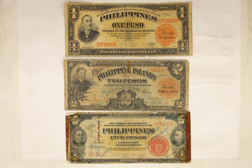 3 PHILIPPINES SHORT SNOTER BILLS WITH SIGNATURES:: 1941-ONE PESO, 1929-TWO PESO AND 1938-FIVE PESO (HAS TAPE MARKS ON EDGES)