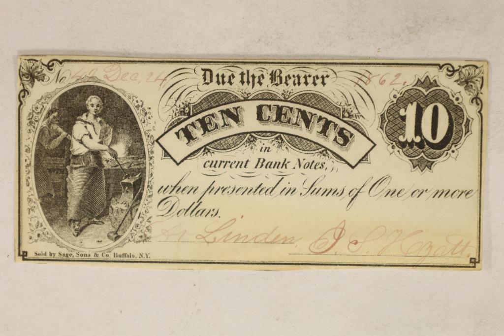 1862 OBSOLETE 10 CENT BANK NOTE: HAND SIGNED & (1 of 2)