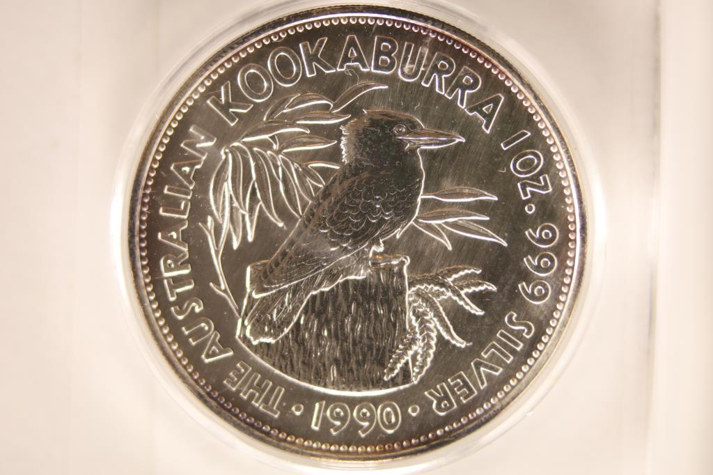 1990 AUSTRALIA SILVER KOOKABURRA $5 COIN: 1 TROY OZ .999 FINE SILVER BRILLIANT (REV. PROOF LIKE) IN HARD PLASTIC CAPSULE