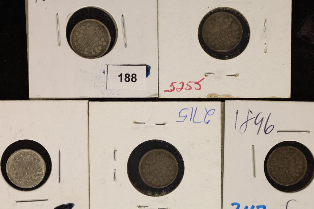 1880-H, 86, 91, 1893 & 1896 CANADA SILVER 5 CENTS (1 of 2)