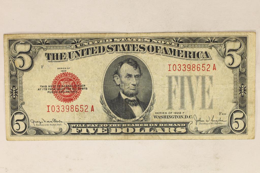 1928-F US $5 NOTE, RED SEAL (1 of 2)