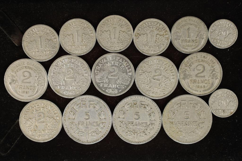 16 ASSORTED 1941-1949 FRANCE COINS: INCLUDES (1 of 2)