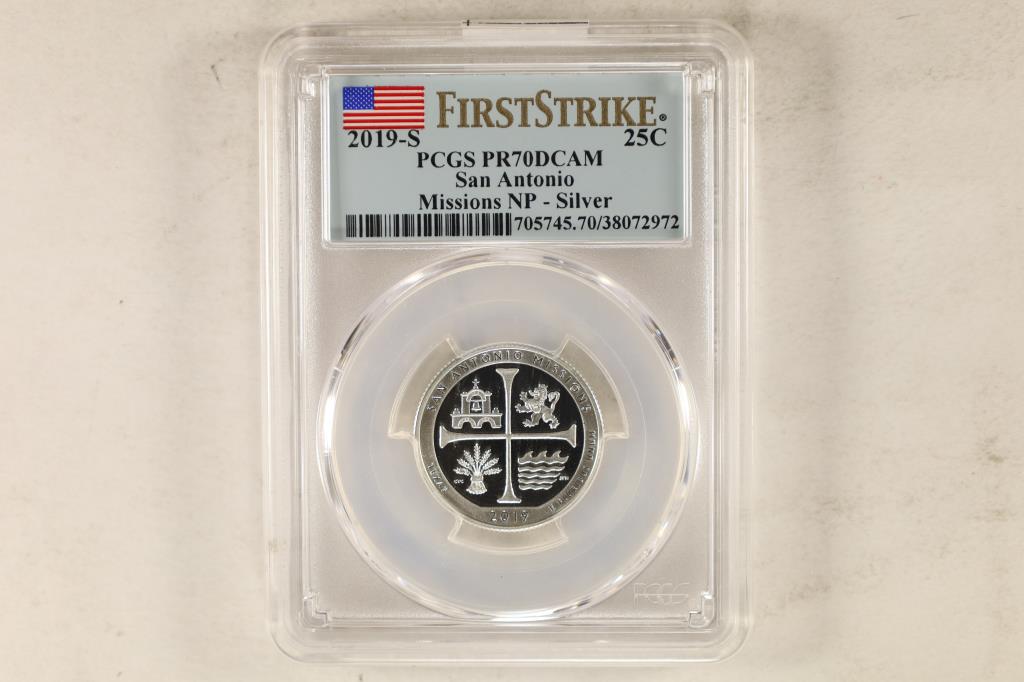 2019-S SILVER SAN ANTONIO MISSIONS N.P. QUARTER: PCGS PR70 DCAM, FIRST STRIKE