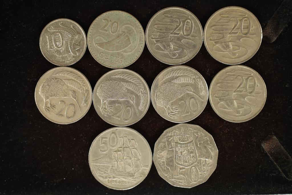 10 ASSORTED AUSTRALIA AND NEW ZEALEND COINS: INLCUDES: 10 CENT, 20 CENT AND 50 CENTS