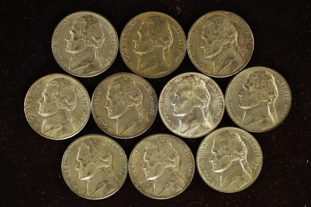 10 JEFFERSON SILVER WAR NICKELS 1942 P/S, 1943-S & (1 of 2)