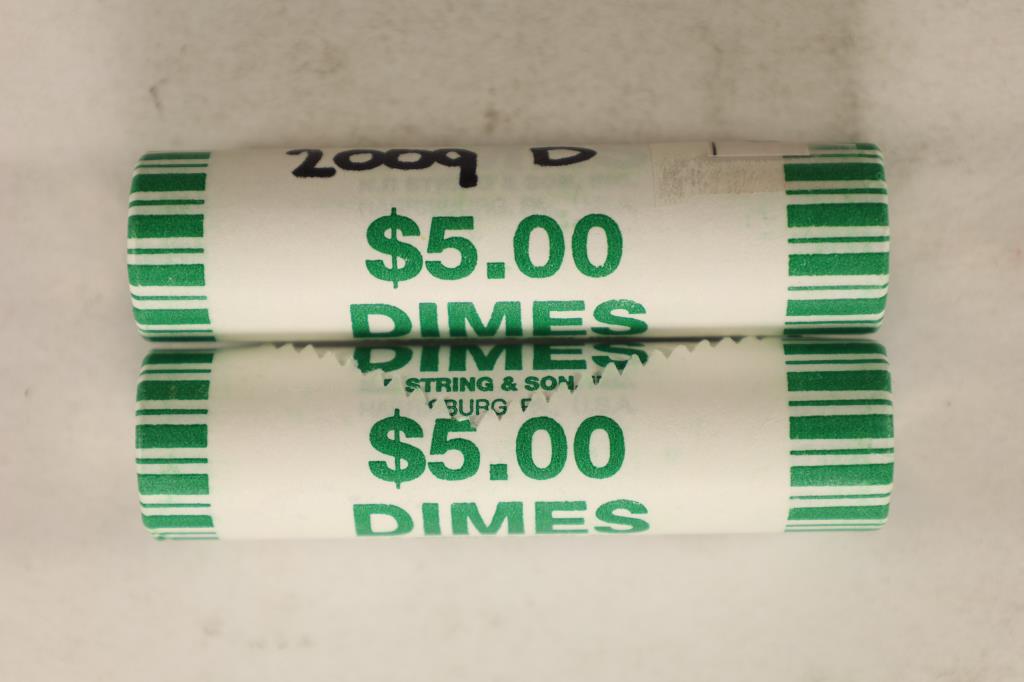 2-$5 BRILLIANT UNC ROLLS OF 2009-D ROOSEVELT DIMES: WATCH FOR OUR NEXT AUCTION ON MON. AUG. 22ND, 2022 AT 7 PM EDT.