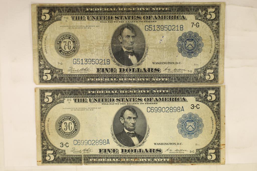 2-1914 US $5 FRN HORSE BLANKETS BLUE SEALS: ONE HAS A TEAR AND ONE HAS A SMALL HOLE