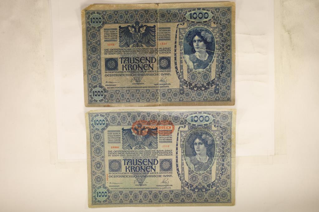 2-1902 AUSTRIA 1000 KRONEN BILLS, 1 IS PARTIALLY: RIPPED, BILLS AS SHOWN