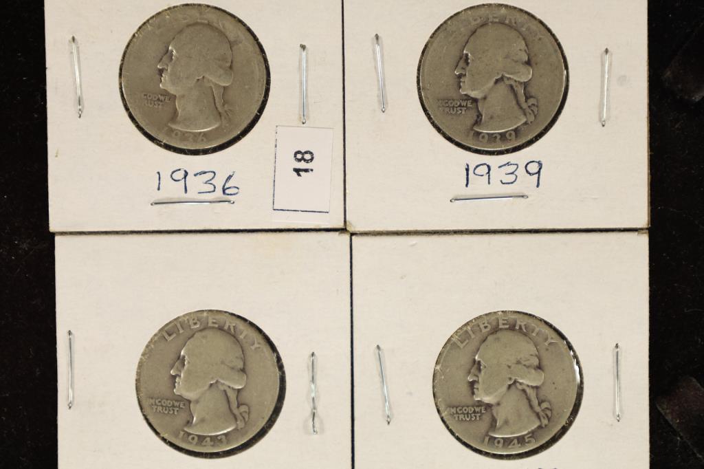 1936, 1939, 1943 & 1945 WASHINGTON SILVER QUARTERS (1 of 2)