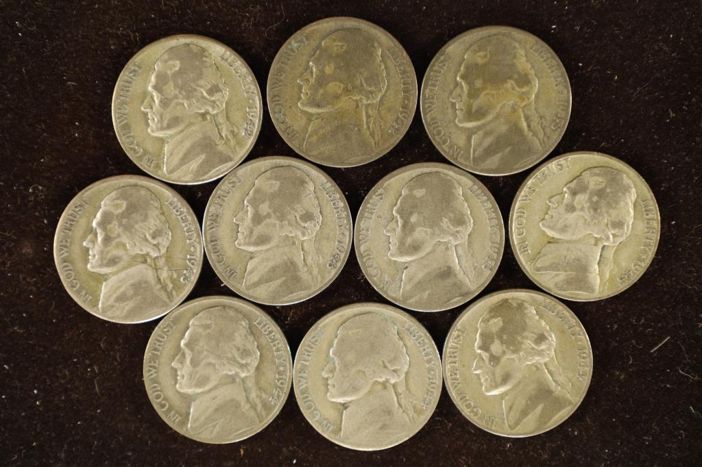 10 JEFFERSON SILVER WAR NICKELS. 1942-P, (1 of 2)