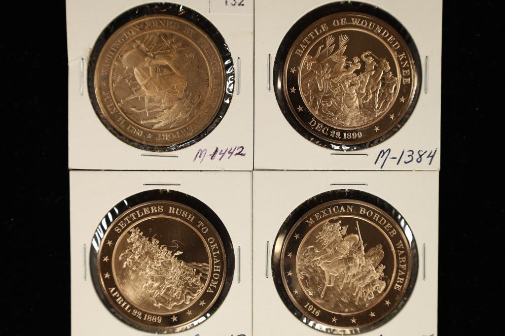 4 HISTORY OF THE UNTED STATES BRONZE 1 3/4": MEDALS BY THE FRANKLIN MINT. ALL ARE BRILLIANT UNC & THE REVERSE LIST DETAILS ON THE EVENT: 1780 WASHINGTON JOINED BY THE FRENCH ARMY, 1890 BATTLE OF WOUNDED KNEE, 1889 SETTLERS RUSH TO OKLAHOMA AND M