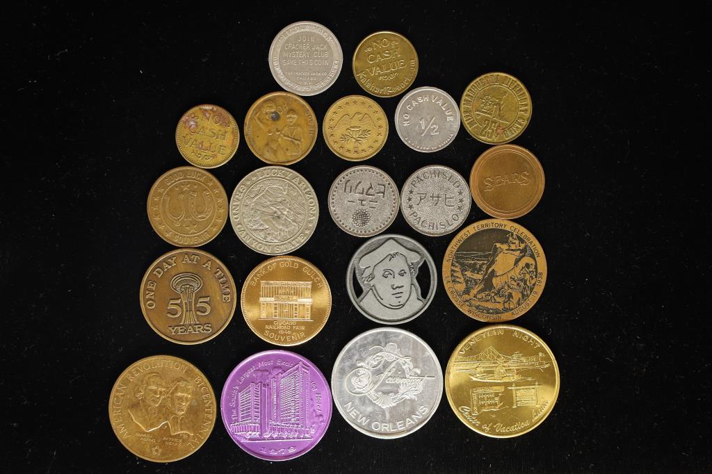 20 ASSORTED VINTAGE METAL TOKENS (1 of 2)