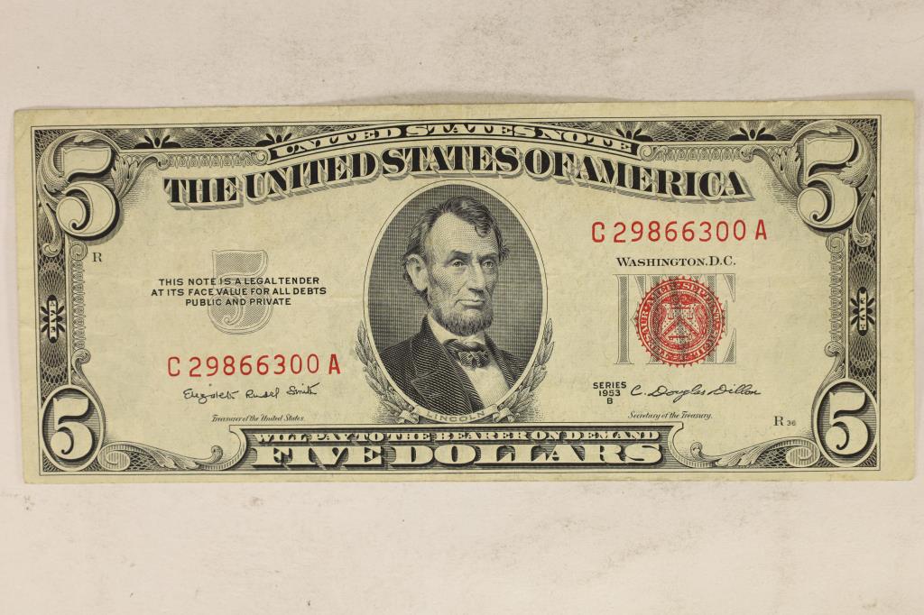 1983-B US $5 NOTE, RED SEAL (1 of 2)