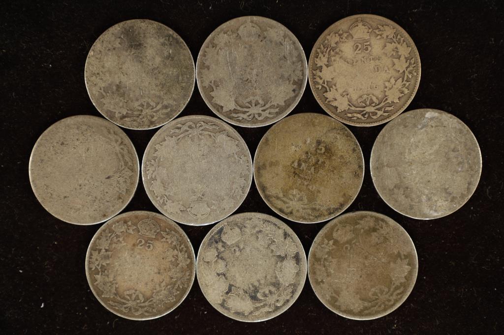 10 CANADA SILVER QUARTERS, PARTIAL AND (1 of 2)
