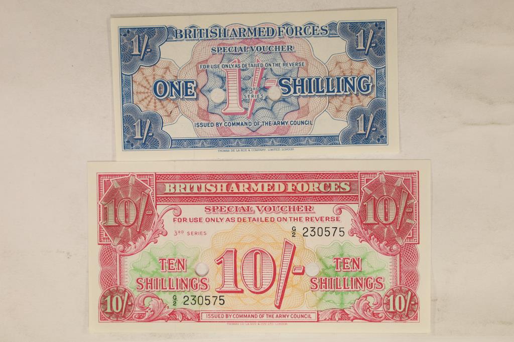 2 BRITISH ARMED FORCES SPECIAL VOUCHERS: 1956 -3RD: SERIES 1 SHILLING AND 1956-3RD SERIES 10 SHILLINGS, CRISP UNCS