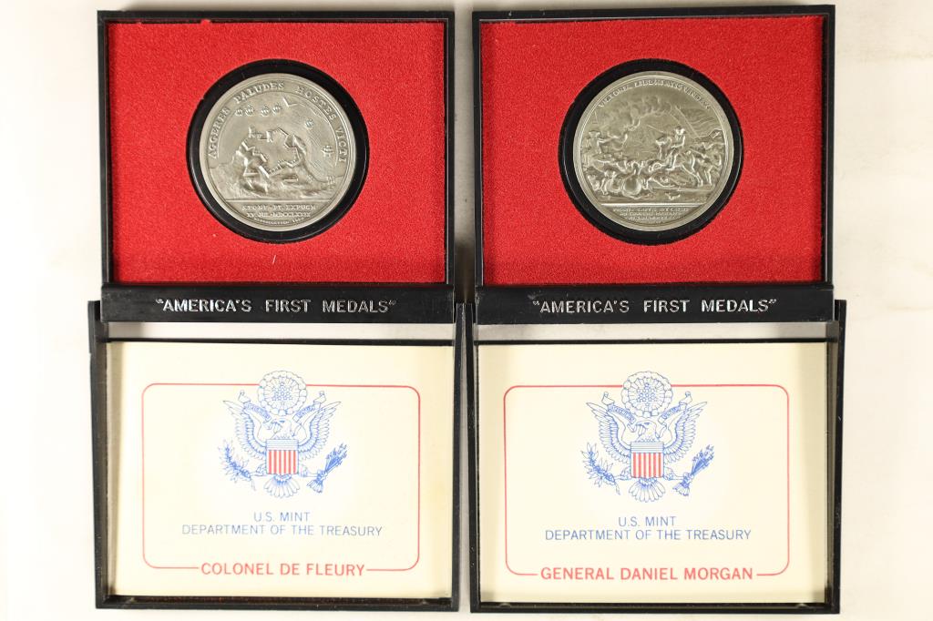 2-AMERICA'S FIRST MEDALS: EACH IS 1 1/2" IN: ORIGINAL US MINT PACKAGING WITH INFORMATIONAL SHEET: COLONEL DE FLEURY & GENERAL DANIEL MORGAN