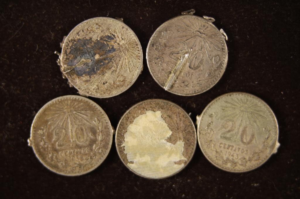 5 MEXICO SILVER 20 CENTAVOS 1933-1943 COINS. (1 of 2)