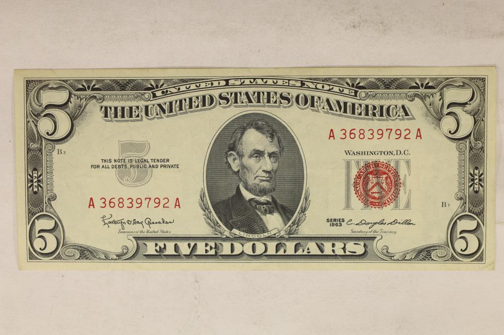 1963 US $5 NOTE, RED SEAL AU-CRISP PAPER (1 of 2)