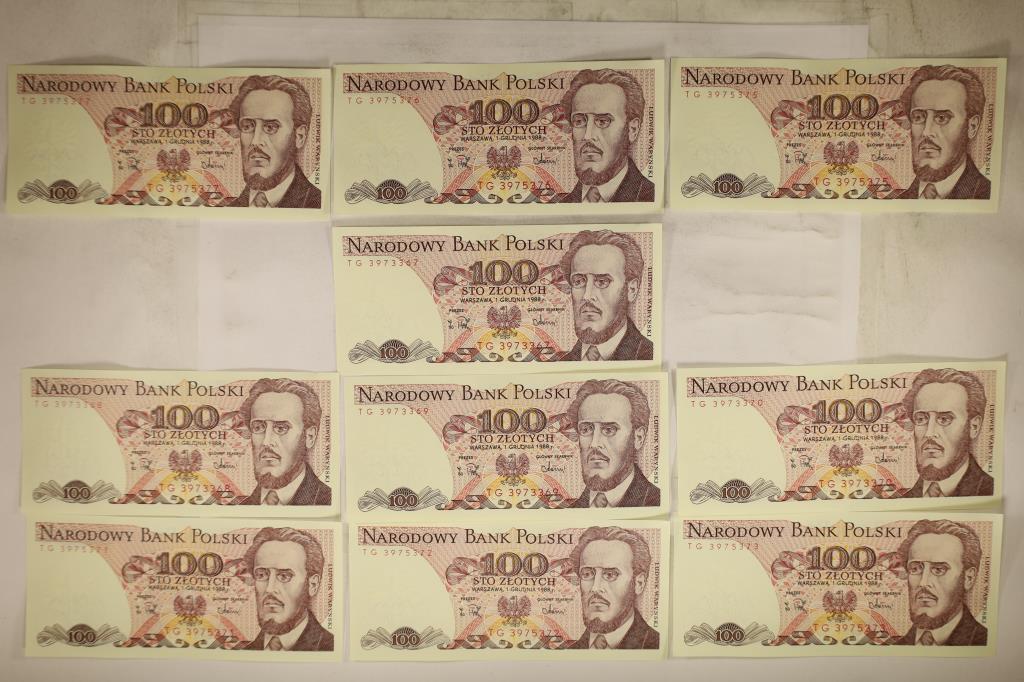 10 POLISH 100 ZLOTYCH CRISP UNC BILLS. 1 SET OF 3: CONSECUTIVE SERIAL NUMBERS & 1 SET OF 7 CONSECUTIVE SERIAL NUMBERS