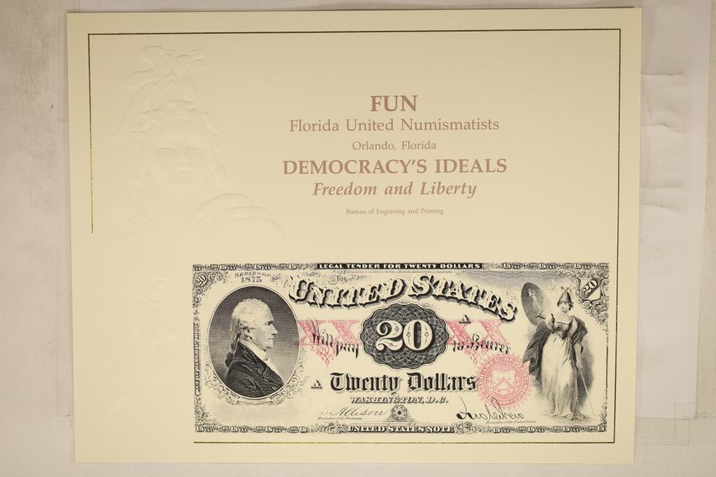 FUN SHOW ORLANDO FLORIDA SOUVENIR CARD WITH: INTAGLIO IMPRINT FACE OF $20 1875 US NOTE PRINTED BY THE BUREAU OF ENGRAVING AND PRINTING