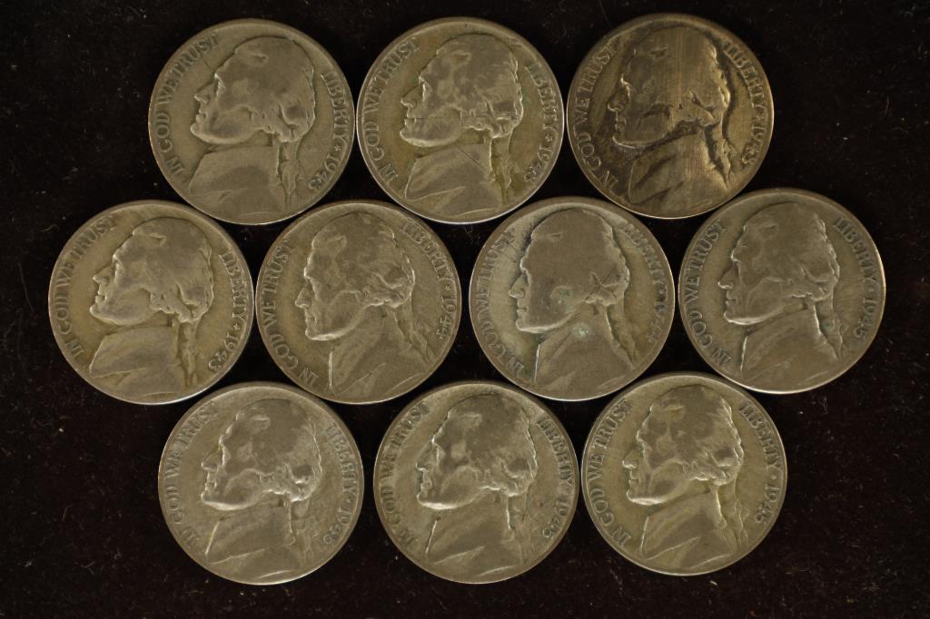10 SILVER JEFFERSON WAR NICKELS.4-1943-P,2-1944-P: 2-1945-P & 2-1945-S. .0563 OZ. ASW EACH