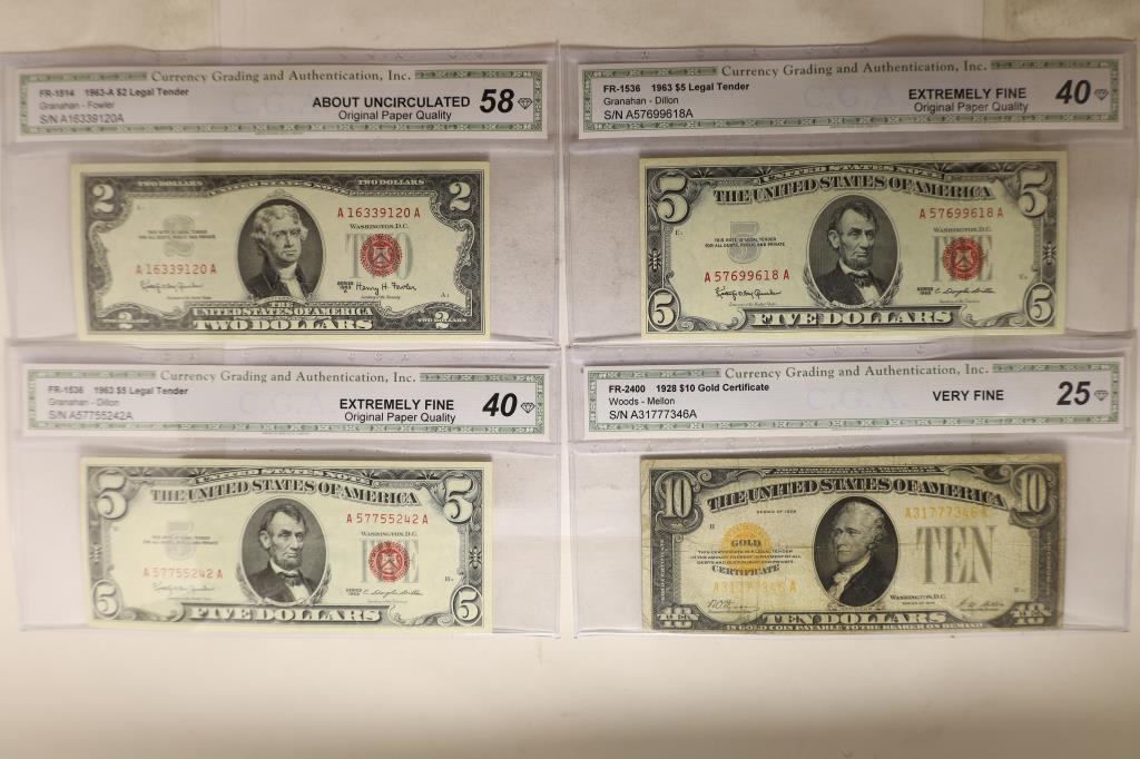 4 CGA GRADED US NOTES: 1963-A $2 RED SEAL AU58, (1 of 2)