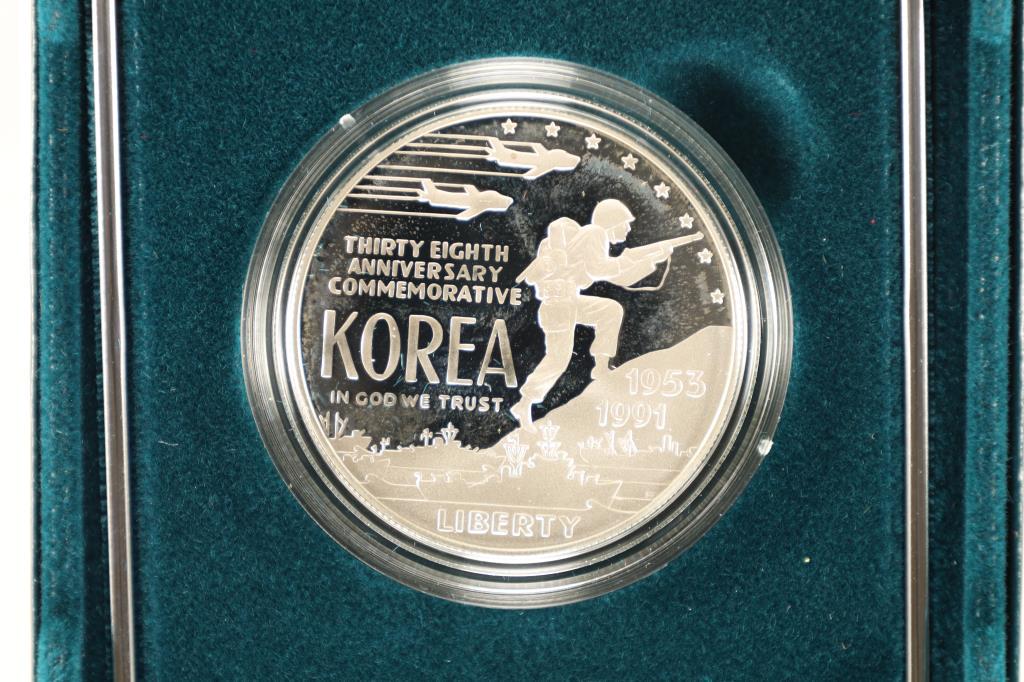1991-P KOREAN WAR MEMORIAL PROOF SILVER $1 COIN: ORIGINAL US MINT PACKAGING WITH CERT