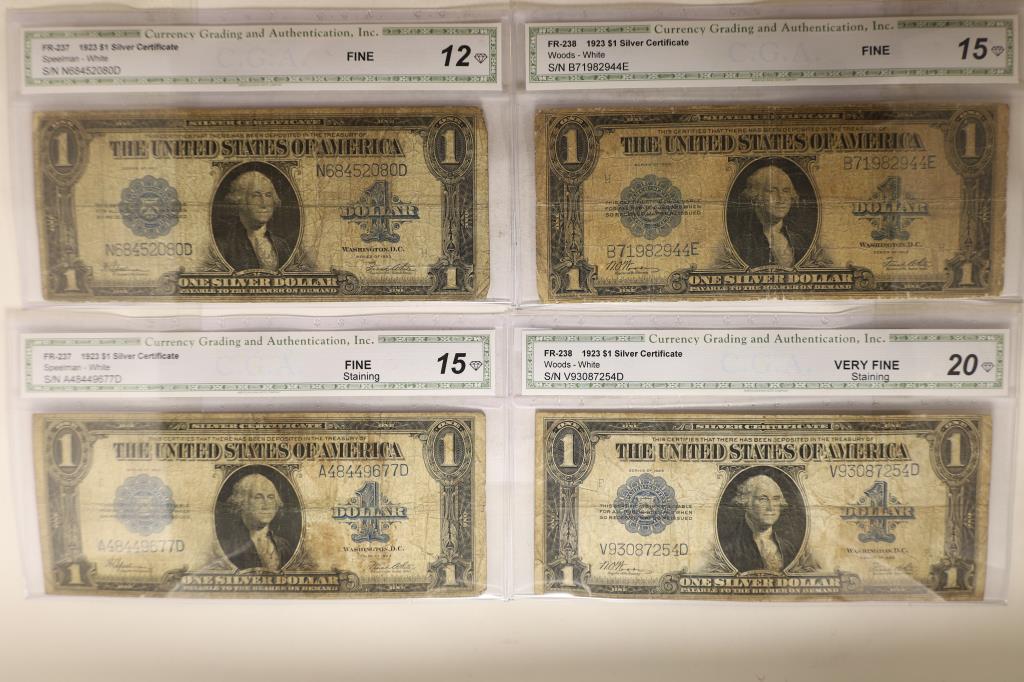 4-1923 $1 SILVER CERTIFICATES HORSE BLANKET BLUE: SEAL NOTES. ALL CGA CERTIFIED, WE HAVE A FINE 12, FINE 15, FINE 15 STAINING AND VERY FINE 20 STAINING