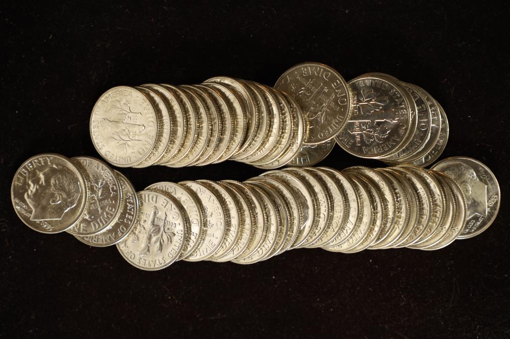 $5 SOLID DATE ROLLS OF SILVER 1955-D BU ROOSEVELT: DIMES