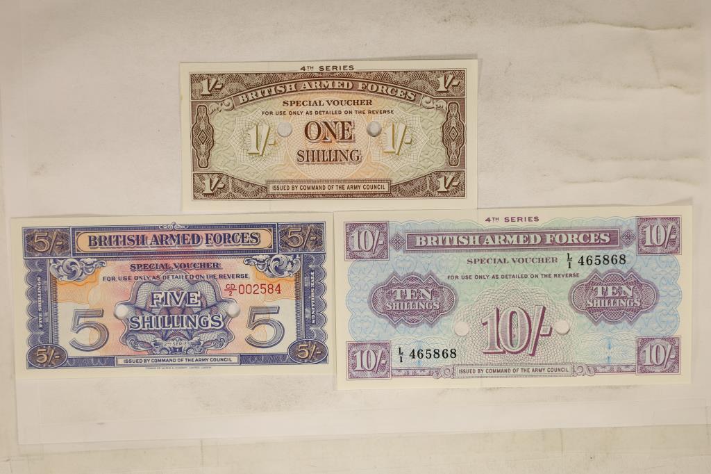 3 BRITISH ARMED FORCES SPECIAL VOUCHERS: 1962-4TH: SERIES 1 SHILLING, 1948-2ND SERIES 5 SHILLING AND 1962-4TH SERIES 10 SHILLINGS, CRISP UNC
