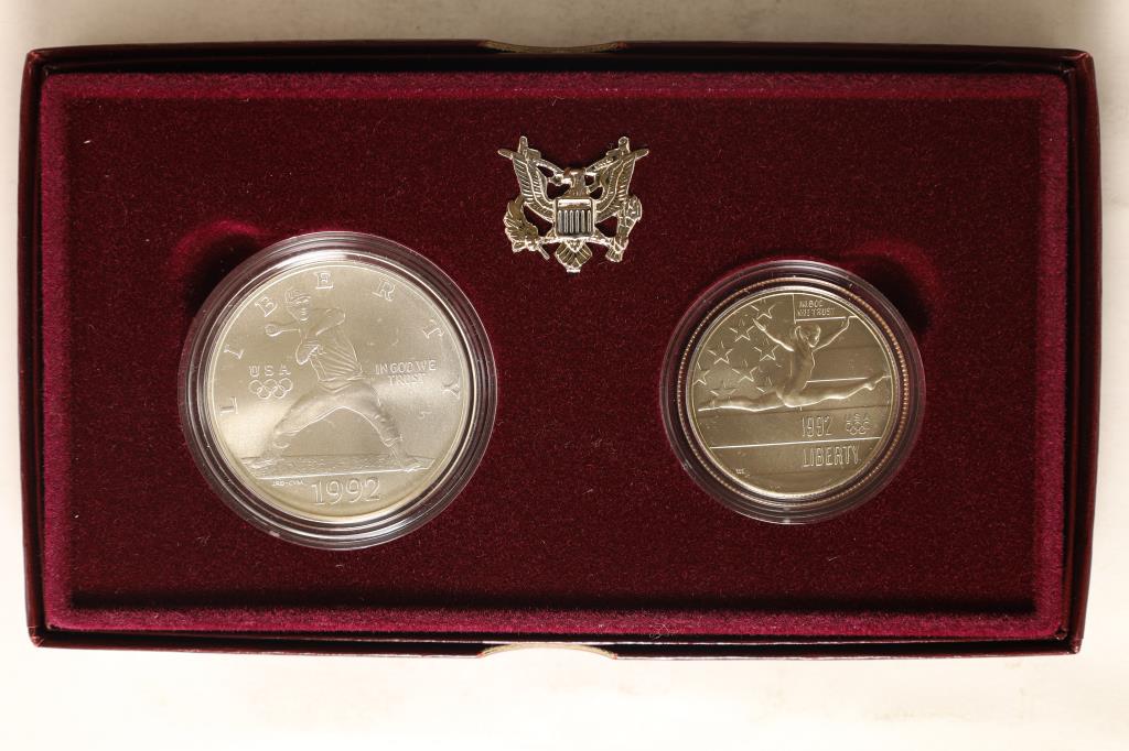 1992-D US OLYMPIC 2 COIN SET CONTAINS: UNC $1: SILVER "BASEBALL" AND HALF DOLLAR "GYMNAST" ORIGINAL US MINT PACKAGING WITH CERT