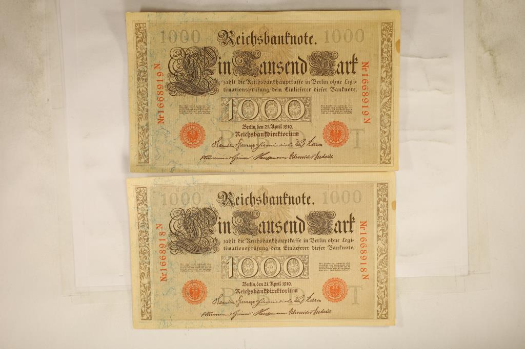 2-1910 GERMAN 1000 MARK CRISP BILLS.  CONSECUTIVE (1 of 2)
