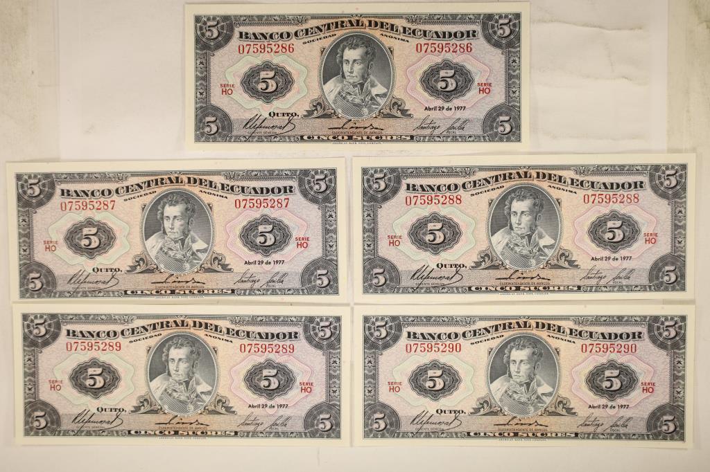 5-1977 CENTRAL BANK OF ECUADOR CRISP UNC 5 SUCRES (1 of 2)