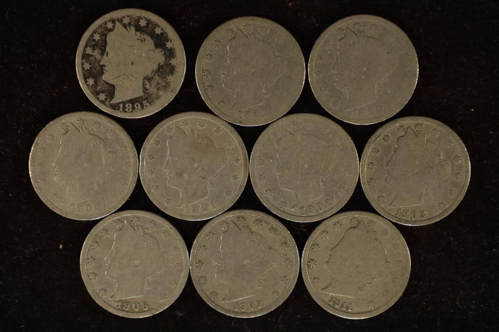 10 LIBERTY "V" NICKELS. DATE RANGE 1895-1911 (1 of 2)
