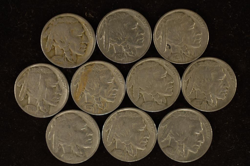 10 BUFFALO NICKELS. DATES RANGE FROM 1924 TO 1929 (1 of 2)
